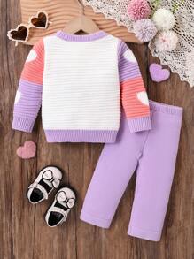 Ensembles de pulls pour bébés filles, pull col rond avec motif tricoté en bloc de couleurs en forme de cœur, manches bouffantes, et pantalon évasé à la mode, 2 pièces