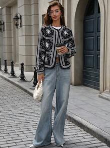 EMERY ROSE 女式复古花卉波西米亚风撞色时尚设计复古风格长袖棉衣外套冬季 - 黑與白 - 查看 5