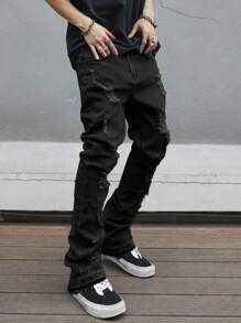 Manfinity Roughcore Quần jean denim trơn dáng ôm ống loe dài đến đầu gối cho nam, màu sắc Grunge - màu đen - Xem 6