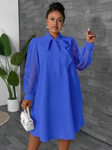 Maweii Plus Size Women's Solid Color Tie-Neck Mesh Long Sleeve Loose Elegant Midi Dress, Autumn Fall Cloth For Women