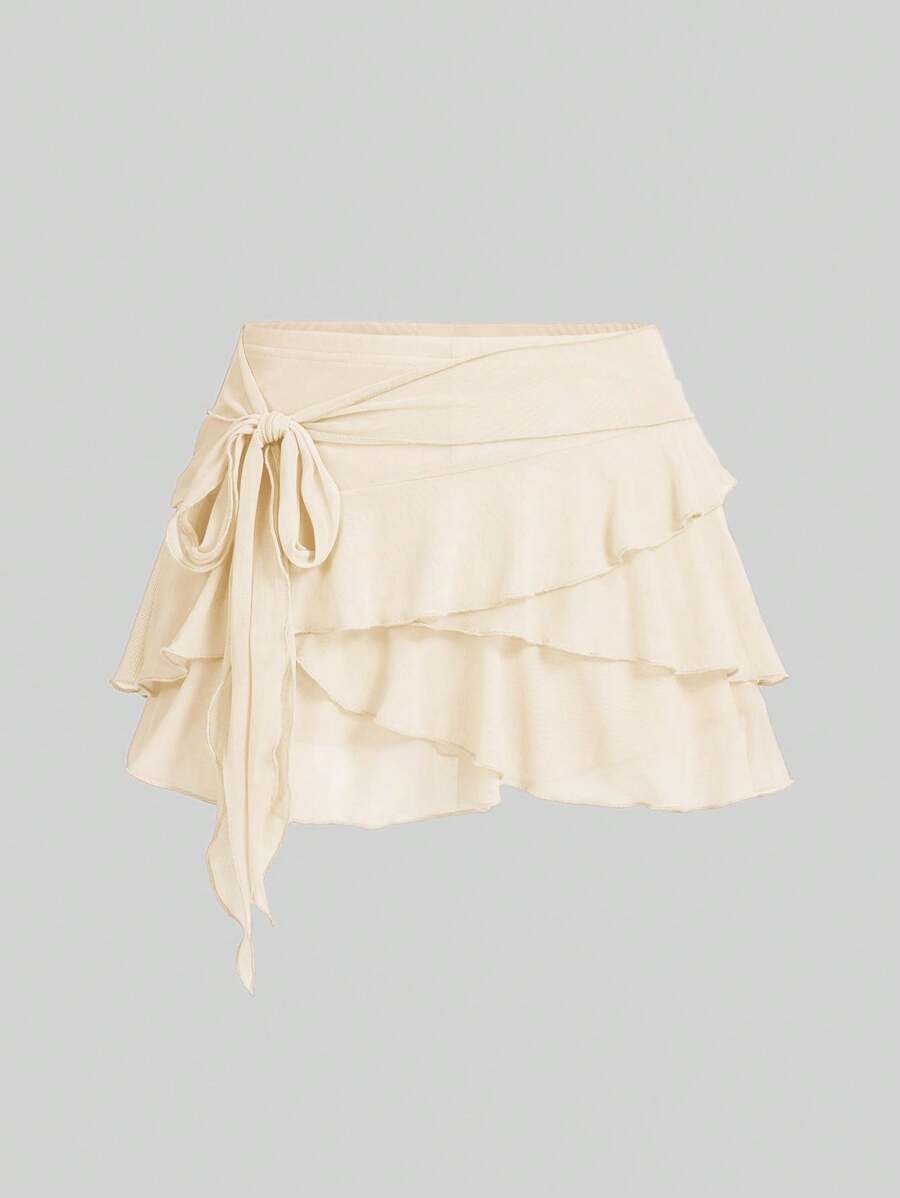 SHEIN ICON Minifalda negra con cintura baja, volantes multicapa y estilo Y2K para mujeres - Albaricoque - Ver 1