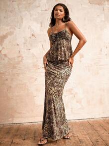 Casual Knitted Mesh Leopard Pattern Bodycon Camisole Tank Top For Women - Brown - View 1