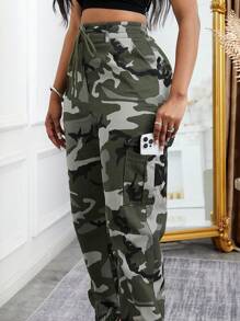 High Waist Camouflage Cargo Pants For Women, American Vintage Loose Fit Drawstring Waist Pockets Casual Trousers, Spring/Autumn Elegant - Army Green - View 7