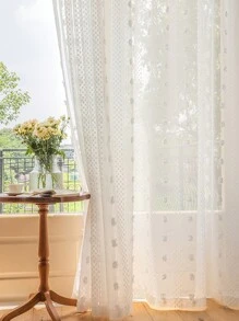 1 panneau de rideau transparent avec pompon blanc moelleux, de style campagne française pour chambre à coucher, salon, balcon. Doublure pour fenêtre avec passant pour tringle