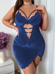 Lace Patchwork High Slit Velvet Nightgown - Navy Blue - View 1