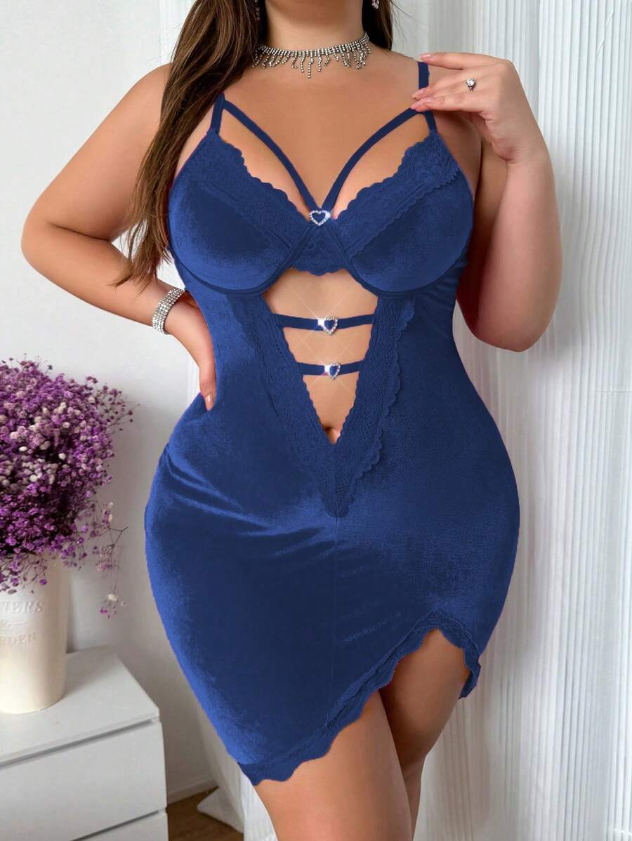 Lace Patchwork High Slit Velvet Nightgown - Navy Blue - View 1