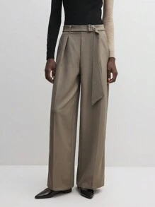 BizChic 女士纯棕色系带长裤，优雅通勤裤，适合节日、圣诞节 - 卡其色 - 查看 9