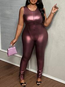 Slaydiva Top court avec fermeture éclair et ourlet fendu, violet laser unicolore, élégant, idéal pour les fêtes et festivals de musique. Combiné avec une combinaison extra longue ample pour femmes en grande taille, en tissu enduit de PU léger, pour le printemps et l'automne - Parme - Voir 8
