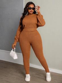 Slaydiva 2pcs Plus Size Casual & Minimalist Loose Knit Sweater Set, Brown, Suitable For Autumn/Winter - Brown - View 5