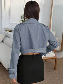 SHEIN EZwear 蓝色条纹印花双排扣休闲长袖编织女士常规夹克 - 寶藍色 - 查看 2