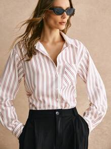 Poéselle Camicia casual da donna a righe con bottoni sul davanti e maniche lunghe, collezione Autunno/Inverno 2024, abbigliamento invernale, outfit autunnali da donna, maniche lunghe a righe - Beige - Visualizzare 7