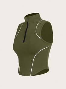 Gameset SHEIN Sport Contrast Trim Stand Collar Fitted Athletic Tank Top - Army Green - View 3