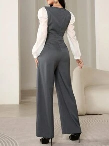 Seusyu Women's Contrast Color Pocket Square Neck Collar Button Decor Elegant Long Sleeve Jumpsuit - Grey - View 3