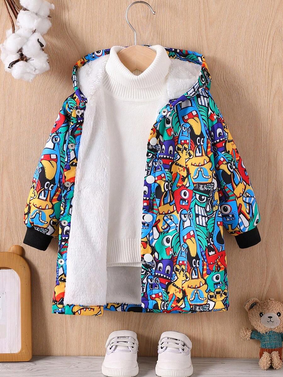 Baby Boy Cartoon Print Loose Fit Thermal Lined Hooded Casual Jacket, For Autumn/Winter - Multicolor - View 1