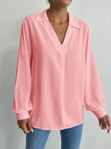 SHEIN Cottnline 素色燈籠袖襯衫 - 粉色 - 查看 3
