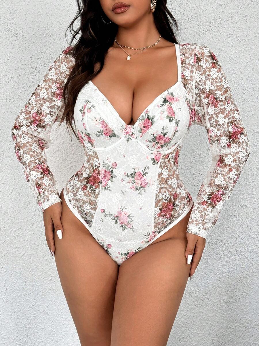 Celure Eleganter Ganzkörper-Spitzen-Bodysuit in Große Größen, perfekt für Herbstfeste und Feiertage