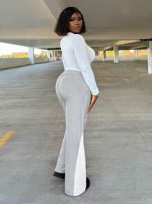 VaVaBold Casual Sporty Letter Print Contrast Trim Loose Wide Leg Women's Sweatpants, Suitable For Daily, Leisure, Sports And Street Fashion