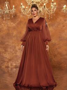 Glamrae Vestido de noche formal elegante francés de manga princesa, minimalista, de línea A, con aplicaciones de lujo en color marrón café, talla grande, para invitados de boda, graduación, cena - Café integral - Ver 4