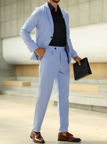 Manfinity Mode Bộ quần áo vest nam cổ lọ tay dài cài nút phía trước màu trơn, quà tặng cho bạn trai - Màu Lilac Tím - Xem 7