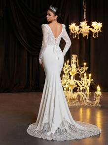 Glamrae Luxurious & Elegant White Sheer Sleeve Sweetheart Neck Embroidered Lace Splice Elastic Knit Fabric Bodysuit With See-Through Bra Cup, Fishbone Back Lacing, Mermaid Tail Dress With Embroidered Lace Overlay Trim, Suitable For Weddings, Parties, Vacations, Non-Traditional Wedding Dress, Bridal Dress,Bride, For Valentine's Day - Beige - View 2