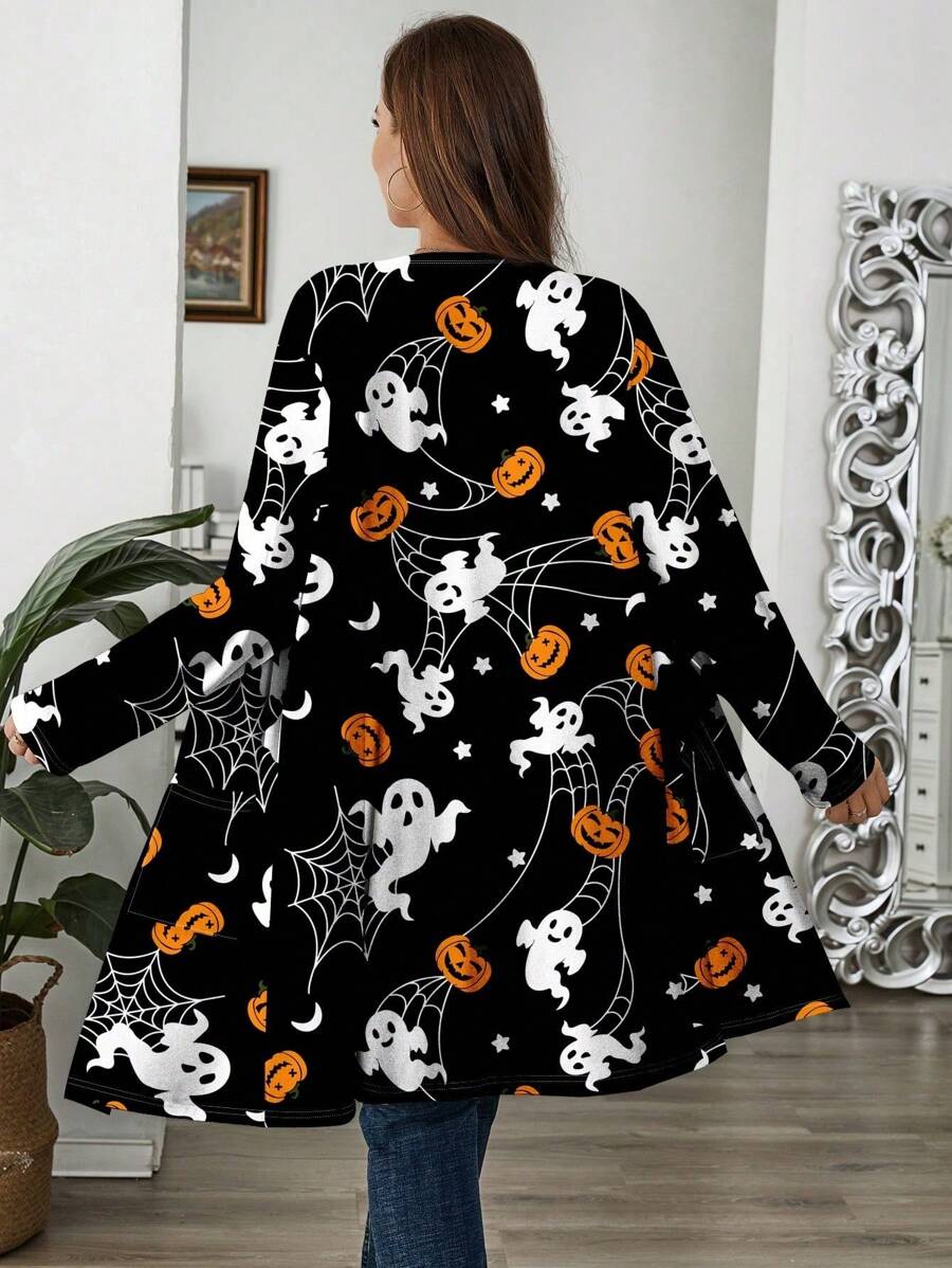 EMERY ROSE Plus Size Women Halloween Pumpkin Skull Bat Printed Casual Loose Long Sleeve Lightweight Cardigan Winter Fall Autumn - Black - View 1
