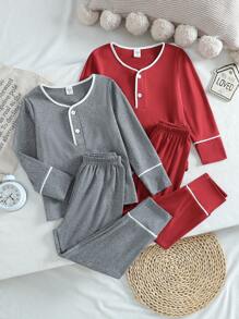SHEIN Bộ đồ mặc nhà ấm áp gồm 2 chiếc áo dài tay và quần dài màu đỏ và xám cho bé trai - Nhiều màu - Xem 7