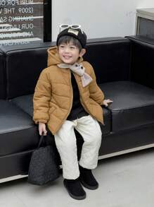 SHEIN Young Boy Winter Solid Color Long Sleeve Zip Collar Hooded Padded Coat & Pants Casual Outfit Set With Scarf - Multicolor - View 6