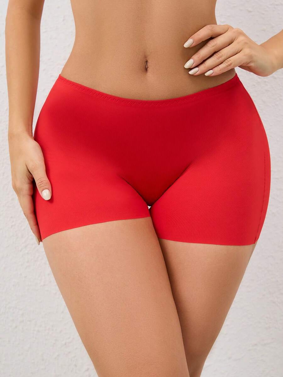 Ladies Solid Color Elastic Waist Skinny Boyshorts Panties - Red - View 1