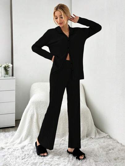 RueChic Women Solid Ribbed Cardigan Top Loose Bell Bottom Pajama Pants Set view 5