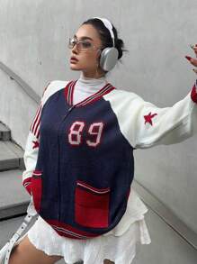 SHEIN MOOSTA 大码纯色拼接前拉链图案细节休闲针织套头衫 - 藍色 - 查看 6