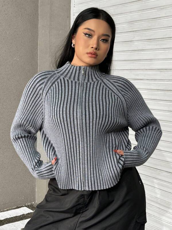 SHEIN EZwear Plus Size Casual Stripe Zip-Up Stand Collar Raglan Sleeve Cardigan, Autumn/Winter