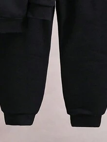SHEIN 可爱卡通波霸饮料图案年轻女孩宽松运动休闲连帽衫运动衫套装，适合秋冬季 - 黑色 - 查看 5