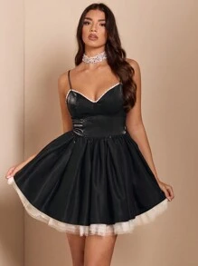 SHEIN BAE Tenues décontractées d'automne pour les rendez-vous, les voyages, les fêtes et les occasions sociales. Tenue de sortie élégante pour femmes, robe évasée en tulle douce - Noir - Voir 7
