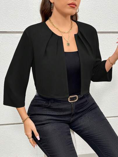 SHEIN Essnce سترة كاجوال طويلة الأكمام للمرأة بحجم زائد، لون أحادي بتصميم بسيط