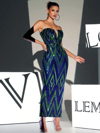 菱形亮片管紧身连衣裙优雅正式晚会舞会婚礼宾客礼服，适合毕业典礼、晚宴派对礼服