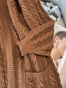 SHEIN CURVE+ Áo khoác len cardigan dài tay họa tiết đan dây thừng có túi cỡ lớn cho nữ, dành cho mùa đông - màu nâu - Xem 5