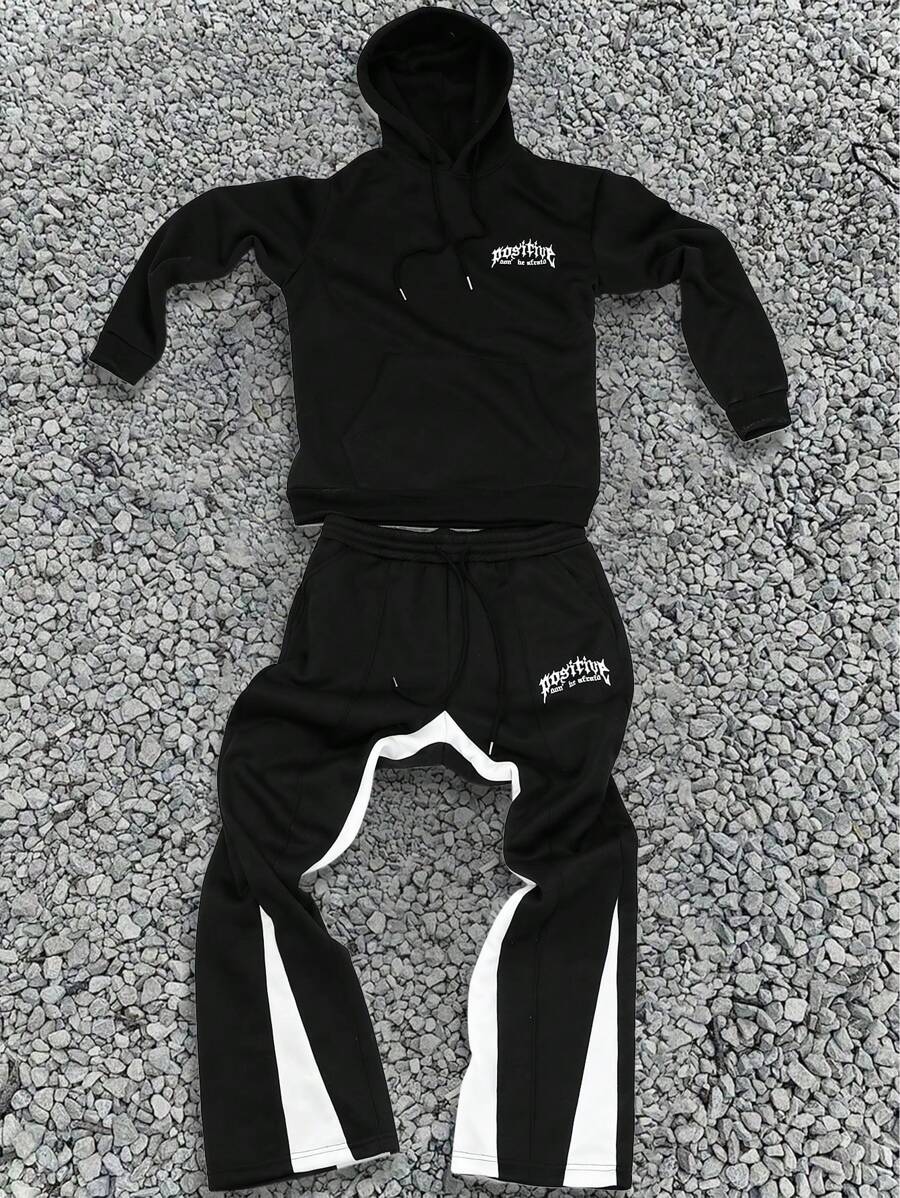 Manfinity EMRG 2pcs Men's Letter Print Hoodie Sweatshirt And Drawstring Sweatpants Casual Set - Black and White - View 1