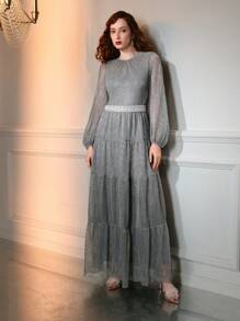 The Great Gatsby x MOTF GLITTER MESH OVERLAY LANTERN SLEEVE TIERED HEM FAUX PEARL WAIST EVENING DRESS