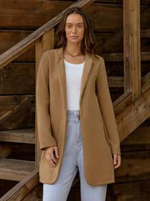 LanaWest 女士立领纽扣长袖开衩袖口中长款大衣，秋冬 - 摩卡棕 - 查看 6