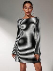 SHEIN SXY Women's Long Sleeve Simple Stripe Mini Dress, Casual For Daily Wear - Black - View 4