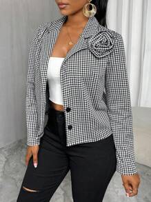 Zolique Damen elegante Hahnentritt-Jacke mit 3D Blumen Dekor für den Herbst