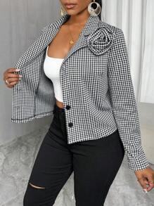 Zolique Damen elegante Hahnentritt-Jacke mit 3D Blumen Dekor für den Herbst