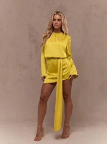 MISSGUIDED 缎面喇叭长袖迷你连衣裙 - 芥末黃 - 查看 1