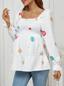 SHEIN Maternity Floral Print Ruffle Collar & Hem Long Sleeve Blouse - White - View 3