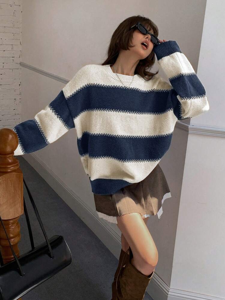 Striped Loose Fit Round Neck Long Sleeve Sweater For Women, Long Sleeve Tops, Fall Women Sweater