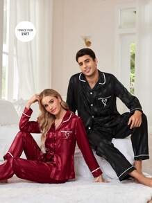 Manfinity Embroidered Pocket Jacquard Faux Silk Men's Pajama Set - Black - View 5