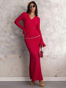 COSMINA Vestido de manga larga con cuello en V y abertura hasta el muslo de un solo color para mujer