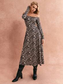 Poéselle Off Shoulder Leopard Dress,Leopard Print Extra Long Dress,Women's Fashionable Leopard Print Off Shoulder Long Dress, Fall Women Outfits,Long-Sleeved Dress,Suitable For Daily Street, Commute, Home And Other Occasions To Wear