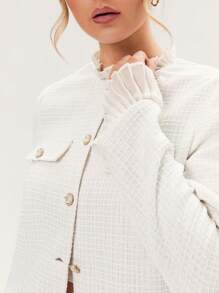 Glamine Frenchy Women Fashion Elegant Casual Tweed Crew Neck Ruffle Trim Puff Sleeve White Jacket - White - View 6