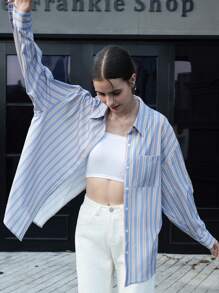 INAWLY Women's Striped Print Button-Up Long Sleeve Shirt With Pockets - Baby Blue - View 6